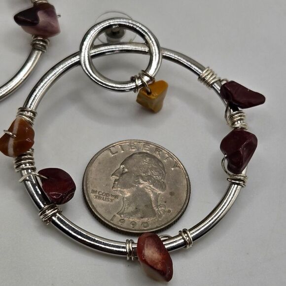 "5/$25" Silvertone Gemstone Nugget Large Circle Post Earrings - Picture 2 of 5